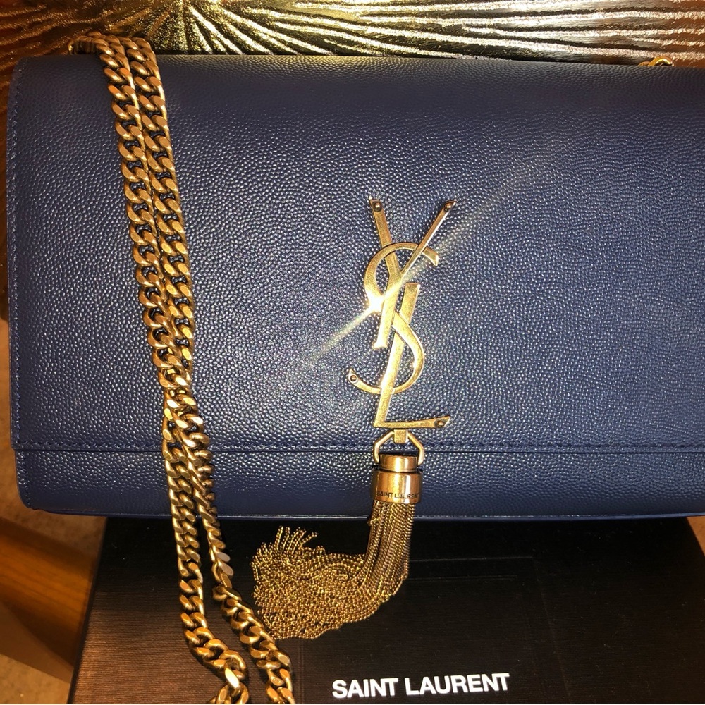 Saint Laurent Blue and Gold Crossbody Bag with Iconic Logo